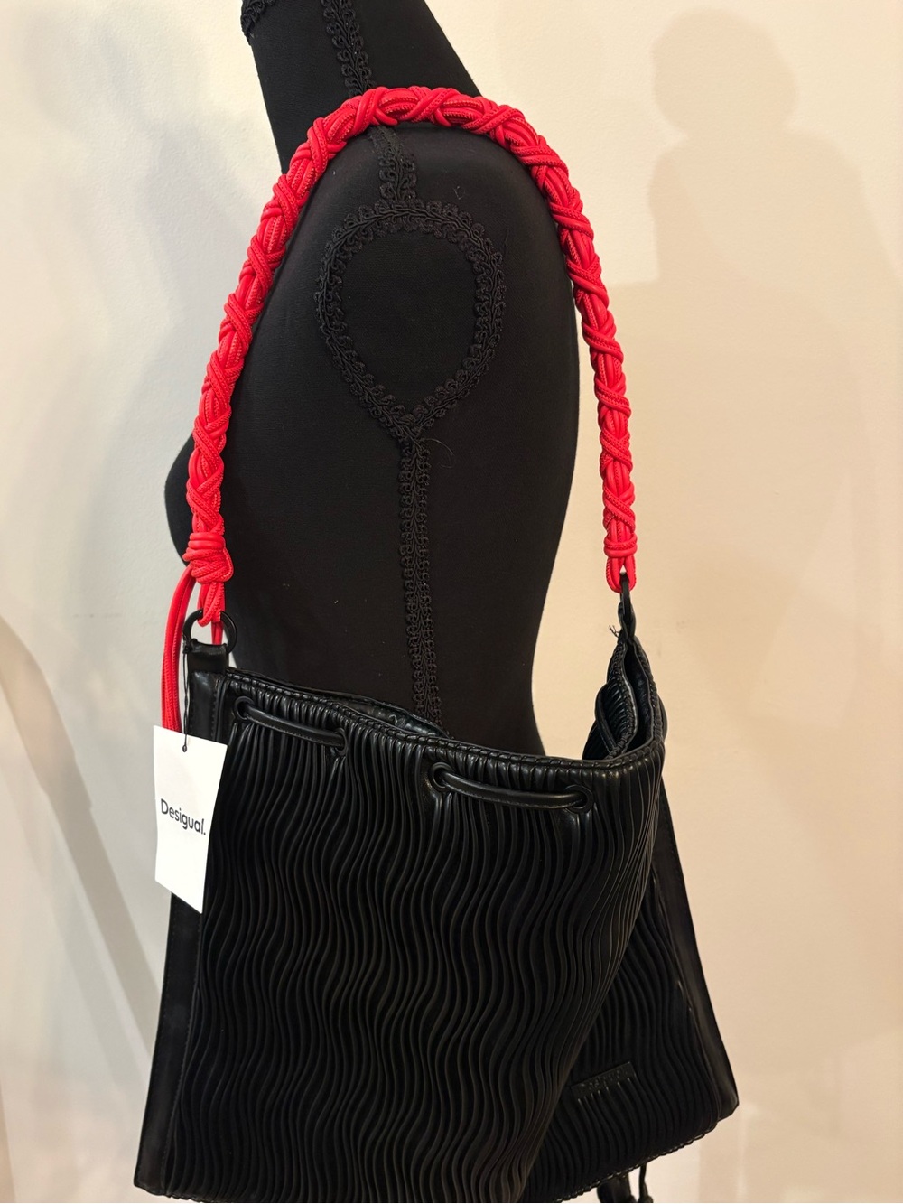Desigual Black Hobo Bag with Red Braided Cord Strap